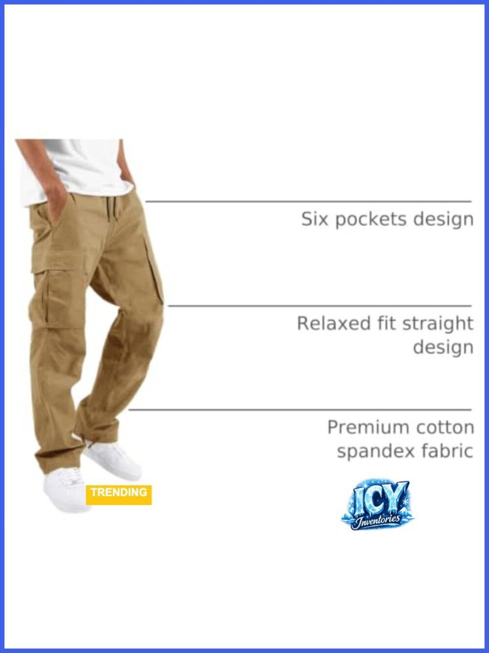 Cotton Blend Cargo Pants Joggers with Drawstring Elastic Waist 6 Pockets - Picture 3 of 6